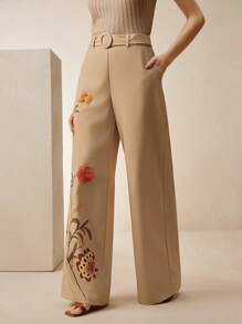 Anewsta Pantalon évasé avec ceinture à boucle et détail d'appliqués à impression florale