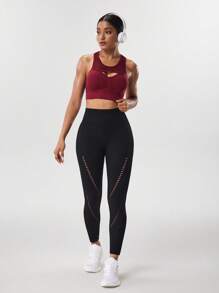 SHEIN Sports 女士纯色简约无袖运动胸罩 - 酒紅色 - 查看 6