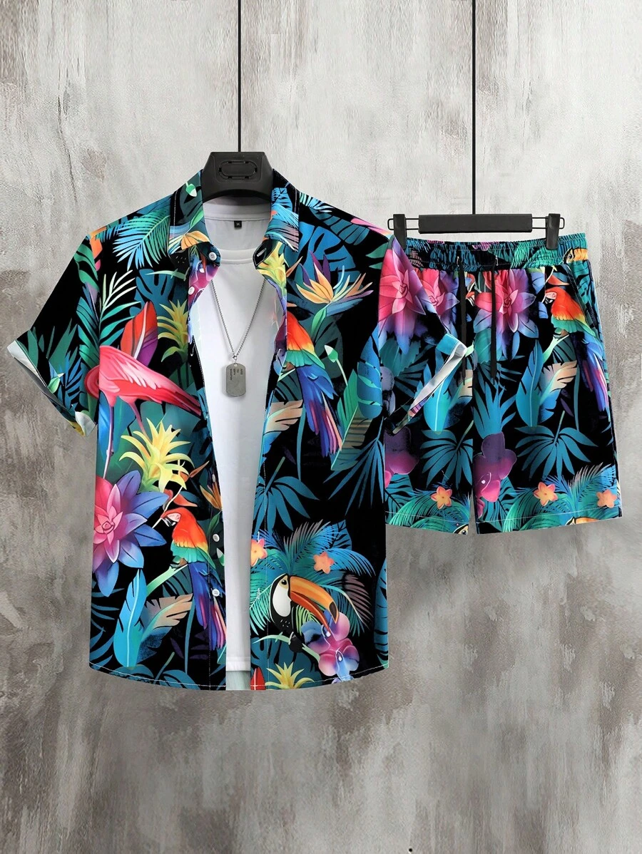 OTTIMOZO Áo sơ mi tay ngắn họa tiết cây nhiệt đới dành cho nam và quần short vest thường ngày cho nam trang phục nhiệt đới áo sơ mi nhiệt đới cho nam áo sơ mi nhiệt đới cho nam trang phục nhiệt đới cho nam áo sơ mi nhiệt đới cho nam - Nhiều màu - Xem 1