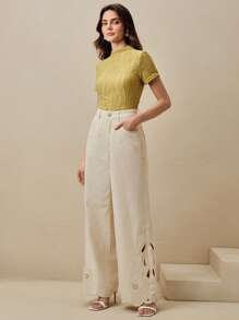 Anewsta Nuevos jeans rectos de mujer de alta gama con bordado pesado y calados en blanco - Beis - Ver 4