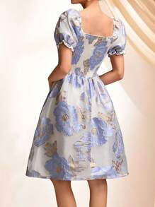 Women's Blue Floral Print Casual Long Dress With Short Sleeves - Blue - View 2