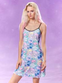 Pop Mart Azura X SHEIN Adorable Women's Mini Knitted Pajama Dress Featuring Kawaii Character Print. This Cute Spaghetti Strap Nightgown With Contrast Trim Offers Ultimate Comfort For Lounging And Sleep.