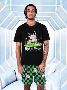 Rick and Morty X SHEIN Men's Funny Cartoon Pattern Short Sleeve Top And Checkerboard Shorts Pajama Set, Comfortable Fabric For Everyday Wear