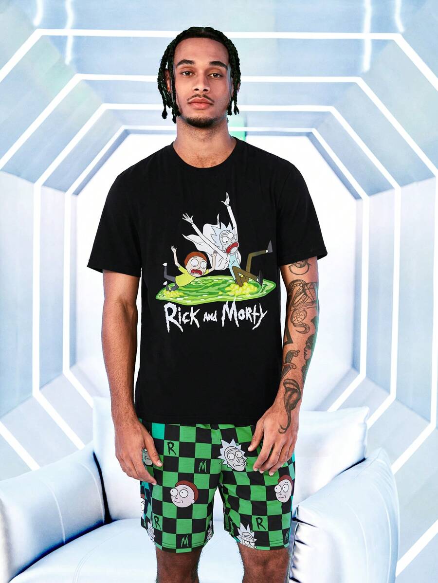 Rick and Morty X SHEIN Men's Funny Cartoon Pattern Short Sleeve Top And Checkerboard Shorts Pajama Set, Comfortable Fabric For Everyday Wear