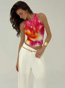 Aloruh Top canottiera da donna minimalista casual con stampa a giglio plissettato, adatta per l'estate, la spiaggia, le vacanze, la primavera e la laurea