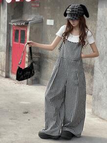 DAZY 青少年女孩格纹宽腿宽松休闲连体裤，女孩夏季服装，返校服装 - 黑與白 - 查看 4
