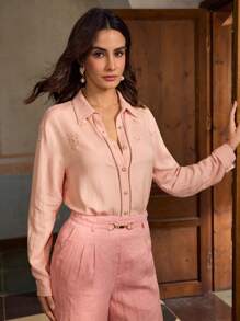 ZEYLAH Linen Shirt With 3D Floral Decoration, Fashionable For Summer - Pink - View 7