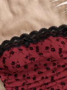 Soleia Summer Vacation Women Casual Apricot&Black Floral Print Spliced Lace Pleated Bow Top