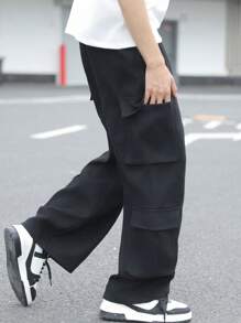 PantsHub 1 件青少年男孩休闲运动学院艺术复古黑色工作服直筒裤，配有大型立体工作口袋，适合返校生日派对、晚会、表演、婚礼、洗礼、开幕式、日常穿着，适合日常使用，适合上学，适合度假和旅行，适合运动，适合春夏季节