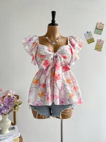 Soleia Plus Size Women's Sweetheart Neck Bowknot Front Ruffle Trim Embroidery Blouse, Elastic Waist Vacation Wear