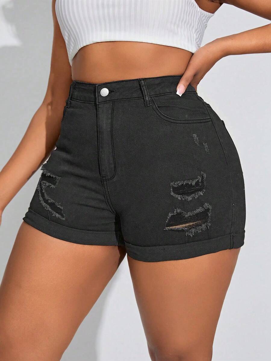 Slaydiva Plus Size Women Casual Distressed Pocket Denim Shorts - Dark Grey - View 1