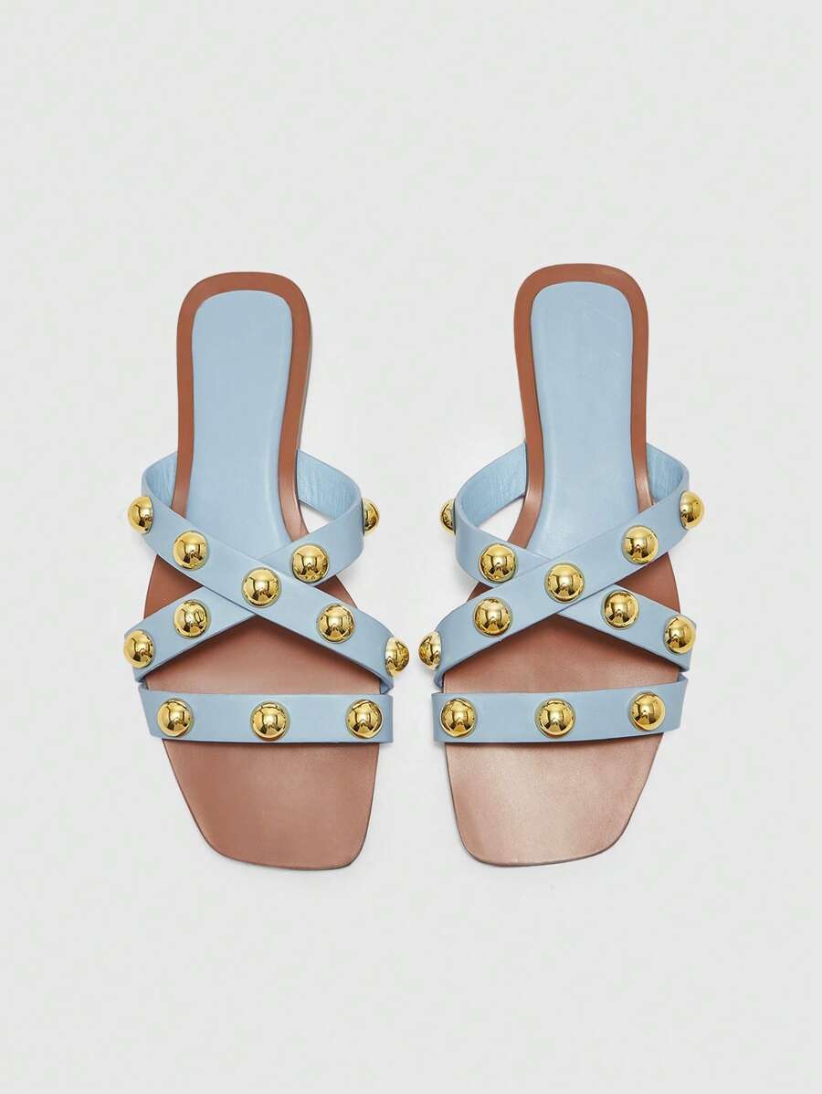 CUCCOO BIZCHIC Sandal Datar Bertabur Stud untuk Wanita, Musim Panas - Baby Blue - View 1