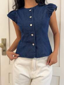 少女牛仔衬衫，休闲修身圆领，蓝色，适合派对、节日、约会、情人节、下午茶，女孩时尚通勤前扣无袖条纹休闲迷你衬衫，春夏季，修身圆领背心衬衫，办公室通勤衬衫，优雅时尚的通勤装，法式假日装扮，办公室警笛风格装扮，夏季/夏季装扮/夏季服装