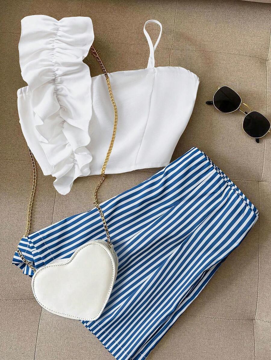 GlowEve 2pcs Set Striped Asymmetrical Style Top & Skirt Beach Outfit - Blue - View 1