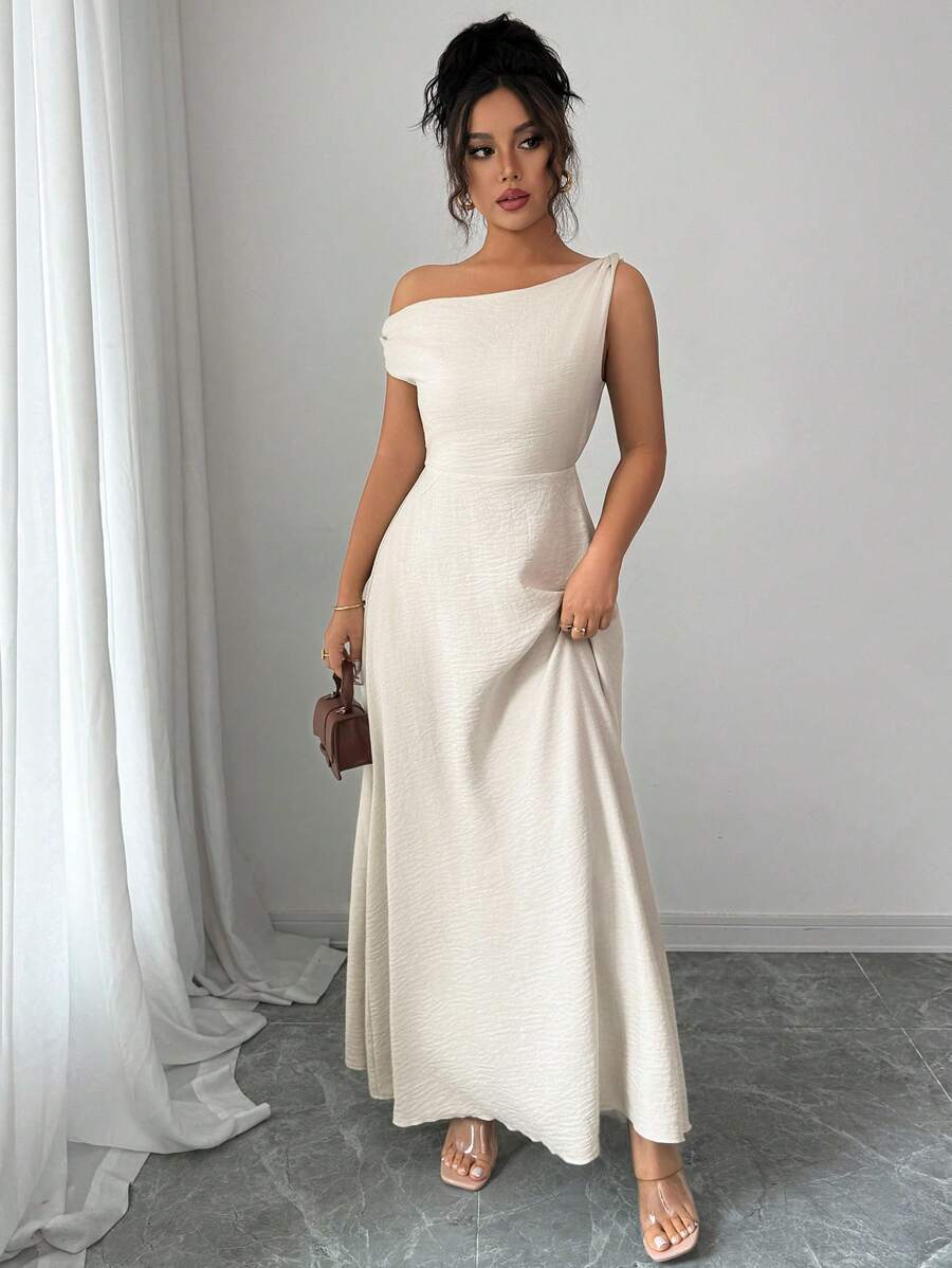 Elenzga Women's Dress, Solid Color Asymmetrical Shoulder, Fashionable, Suitable For Summer - Apricot - View 1