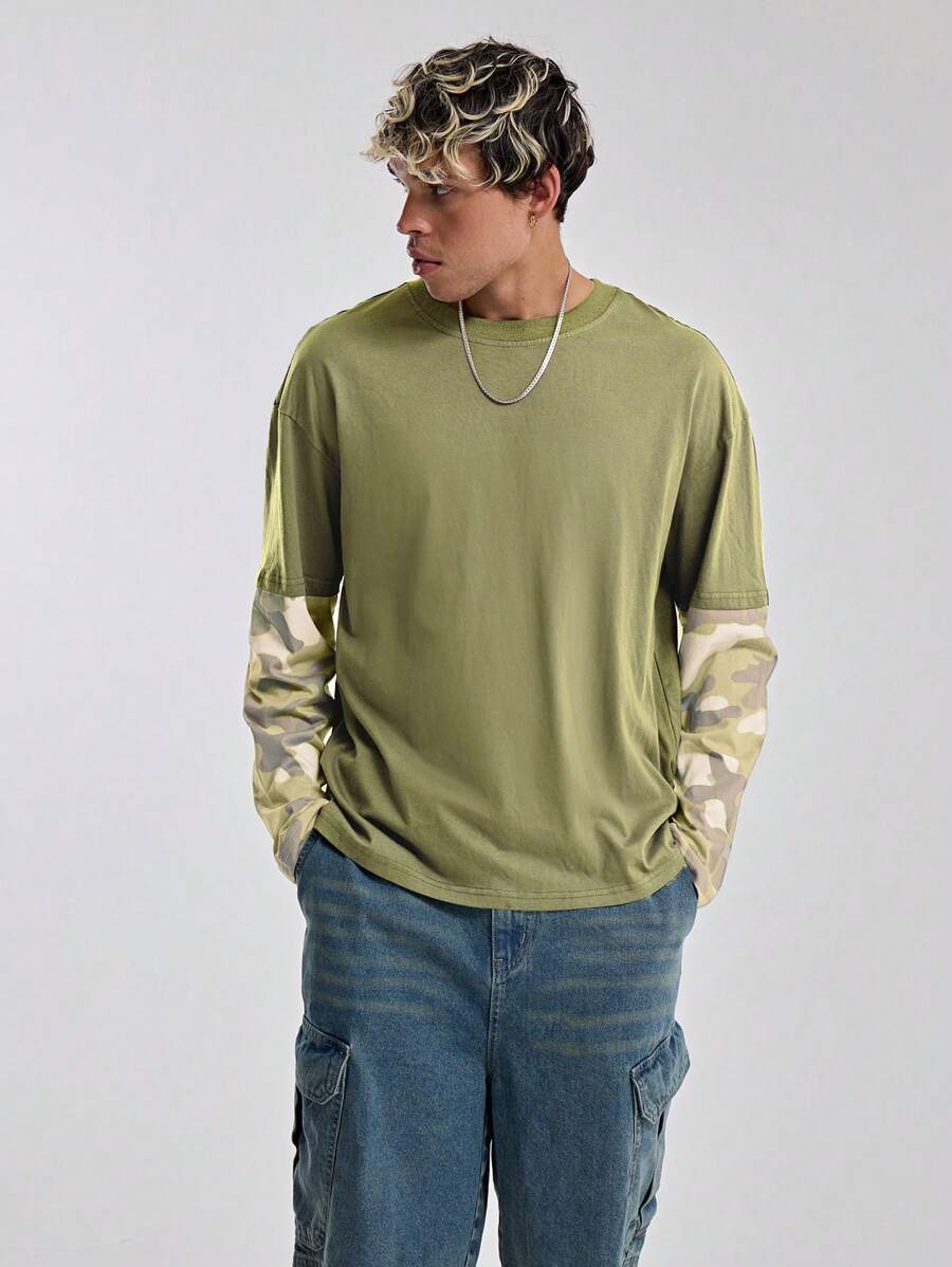 Musero 圆领撞色拼接长袖落肩T恤 秋冬 - 彩色 - 查看 1