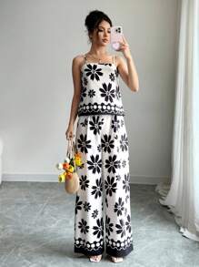 Breezaya Completo estivo casual da donna, composto da canottiera in stampa bianco e nero e pantaloni larghi