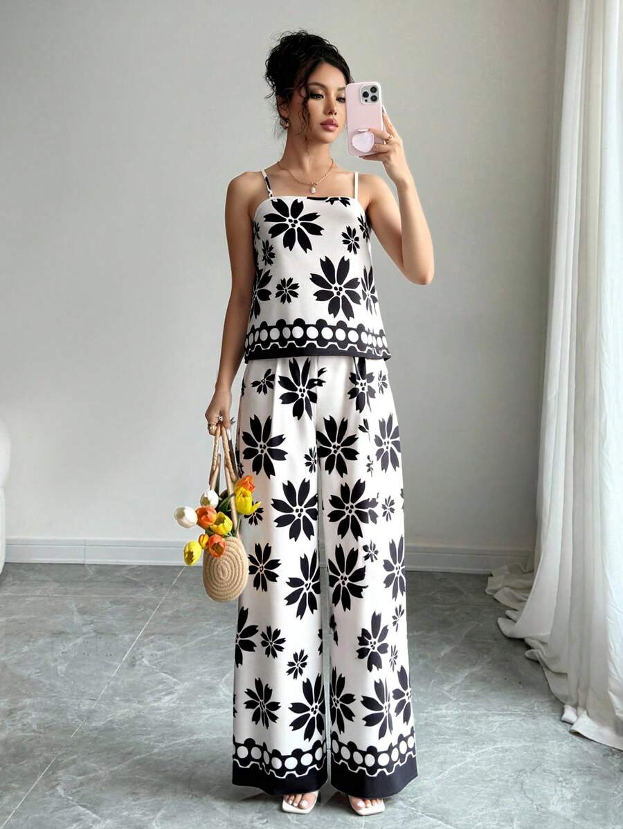 Breezaya Completo estivo casual da donna, composto da canottiera in stampa bianco e nero e pantaloni larghi