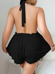 SilkySpell Plus Size Lace Splice Halter Neck Sheer Mesh Bodysuit Lingerie - Black - View 2