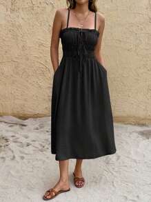 Serisse Abito midi da donna con colore unito, arricciature sulla parte anteriore, tasche e senza maniche, adatto per le vacanze