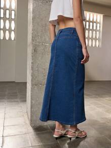 Nöista Damen Jeans-Rock, lässig, locker, seitlicher Schlitz, blaue Midi-Länge Rock, langer Damen-Rock, dunkelblauer Rock, Sommer-Damenkleidung mit Knopfdetails - Blau - Übersicht 2