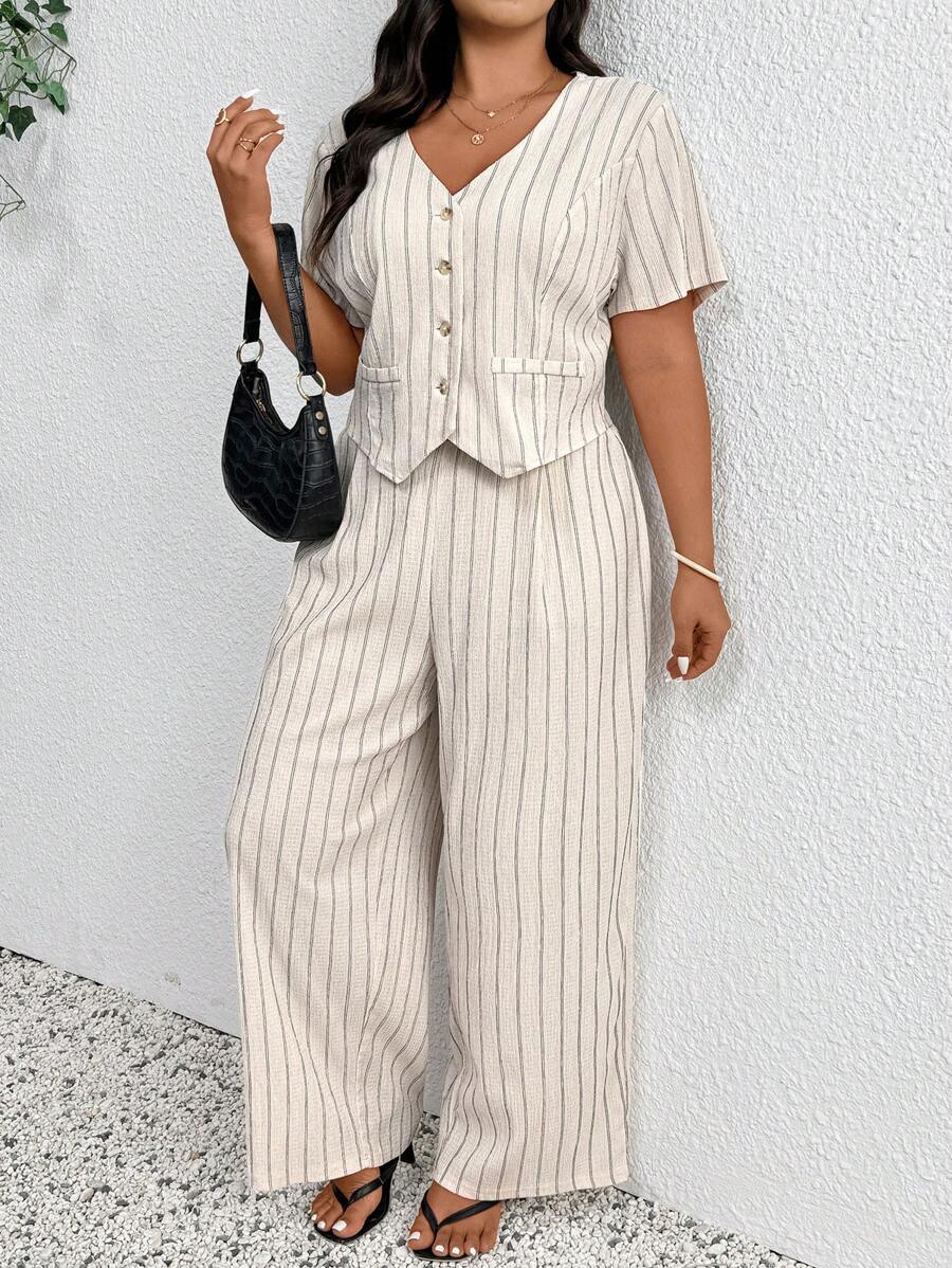 SHEIN Frenchy Plus Size Spring/Summer Casual Minimalist Versatile Striped 2 Pieces Suit Set, Women Blazer + Pants In Fall/Winter - Apricot - View 1