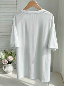 Comfortcana Summer  Dropped Shoulder Floral Decor Loose Casual T-Shirt - White - View 2