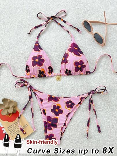 SHEIN CURVE+ Conjunto de biquíni feminino plus size com estampa floral e amarração frontal, 2 peças, roupa de férias na praia, verão/campo/roupas de férias na praia/roupas de praia/roupas de praia