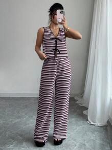 Elenzga 2 Pieces Women Striped Front Tie Tank Top And Long Pants Set, Summer - Pink - View 4