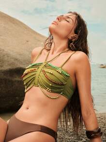 Elaire Atasan Baju Renang Wanita Model Halter Neck dengan Hiasan Manik-Manik untuk Liburan Pantai Musim Panas - Mustard Yellow - View 3