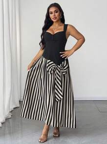 SHEIN Unity Plus Size Women Elegant Romantic Casual Vacation Spaghetti Strap Bandeau Striped Patchwork Bow Decor Fitted Waist Midi Dress - Multicolor - View 3