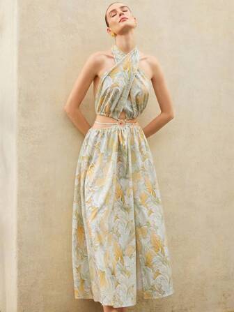 SHEIN Privé 优雅浪漫别致法式奢华图案树叶印花交叉吊带连衣裙，搭配垂坠裙摆设计，适合女士