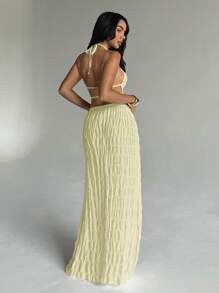 Aloruh 女士优雅浪漫约会度假海边度假海滩白色套装纯色褶皱露背短款吊带上衣和长裙夏季度假罩衫