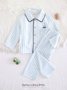 Cozy Pixies 2pcs/Set Baby Boy Striped Lapel Long Sleeve Cardigan Tops And Elastic Waist Pants Set Baby Boy Pajama Set Boys Pajama Sets Cotton Baby Boy Pajamas Striped Baby Boy Pajamas