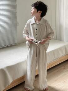 DAZY Tween Boys Loose Striped Pajama Set With Collar Cardigan And Straight Leg Pants, Summer,Back To School Clothes - Apricot - View 3