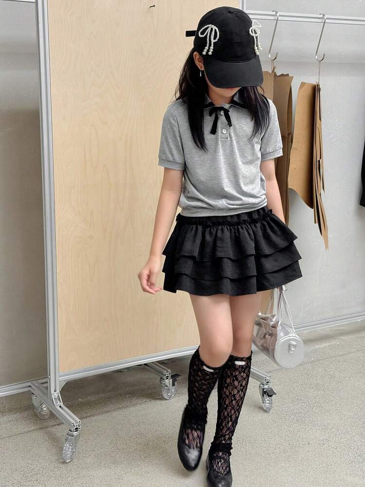 2pcs Tween Girls Collared Short Sleeve Knit T-Shirt + Skirt Outfit, Fall Collection