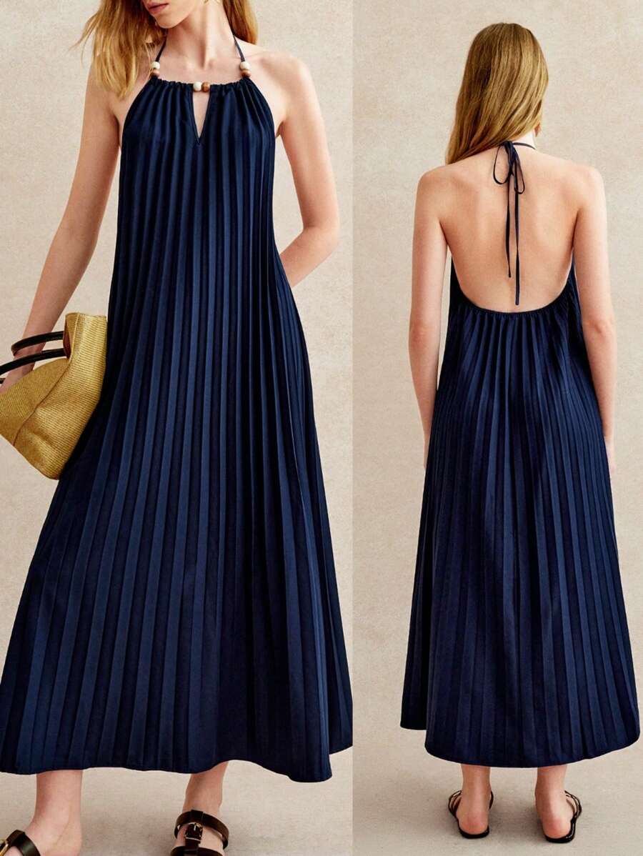 Écloséra 复古优雅度假性感深蓝色无袖吊带荷叶边小V领沙滩必备女士沙滩装连衣裙