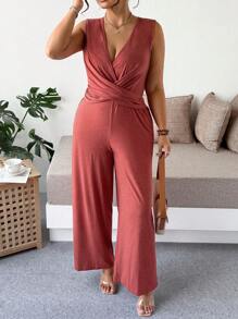 Flirla Plus Size Women Elegant Sleeveless V-Neck Criss-Cross Waist Casual Jumpsuit - Red - View 5