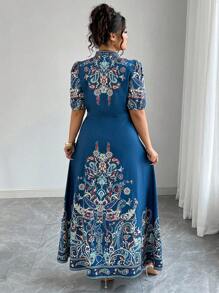Elenzga Đầm maxi dài tay ngắn cổ chữ V cài một hàng khuy dành cho nữ cỡ lớn, kiểu boho in họa tiết, thích hợp mặc thường ngày hoặc đi nghỉ dưỡng. Đầm nữ thường ngày, đầm công sở, đầm hè, đầm dự tiệc sinh nhật, quần áo nữ mùa hè. - Màu xanh hải quân - Xem 2
