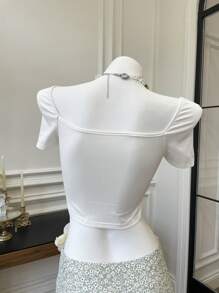 SHEIN EZwear Spring Break Square Neck Ruched Bust White Crop Tee