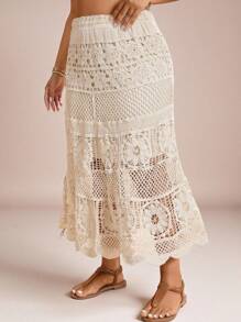 Freevana Plus Size Casual Solid Color Hollow-Out Knit Sweater Skirt Western Wear Women Crochet Ibiza Butter Yellow Summer For Women Beach For Woman Vacation Women Beach Boho Rave Country Concert Festival Brunch For Women Beach Vacation Graduation Old Money In Fall/Winter