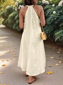 INAWLY Robe midi ample sans manches à col en V avec poches, style minimaliste - Nude - Voir 2