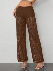 SHEIN PETITE 女式纯色蕾丝透视长裤 - 棕色 - 查看 7