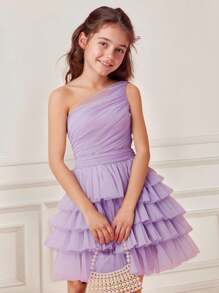 Pitira Pitira Fern Glow  Tween Girls Cute Purple Mesh Ruffle Trim Sleeveless Summer Sundress Graduation Dress - Purple - View 8