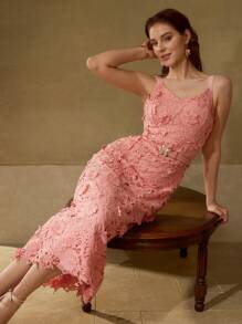 MOTF PREMIUM BELTED APPLIQUES CAMI DRESS - Watermelon Pink - View 4