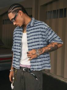 AXEPEAK Men's Striped Frayed Edge Short Sleeve Single-Breasted Casual Denim Shirt - Blue - View 4