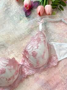 FloralLove Padded, Underwire, High-Support, Embroidered, Pink, Floral Romantic, Ruffle, Sweet, Lift & Enhance Women's Bra  Cozy And Elegant Details