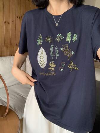 FRIFUL Damen Rundhals Kurzarm T-Shirt mit Stickerei & Muster, lässig und vielseitig, Sommer, Grafik T-Shirts