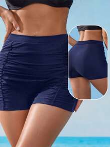 Swim Lushoire Women's Black High Waist Ruched Tummy Control Cheeky Bikini Bottom, Flattering Fit For Vacation, Beach, Spring/Summer - Navy Blue - View 2