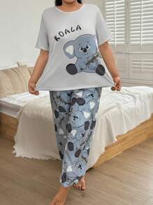 SHEIN Conjunto de pijama de manga corta con estampado de koalas de viscosa de punto talla grande en gris